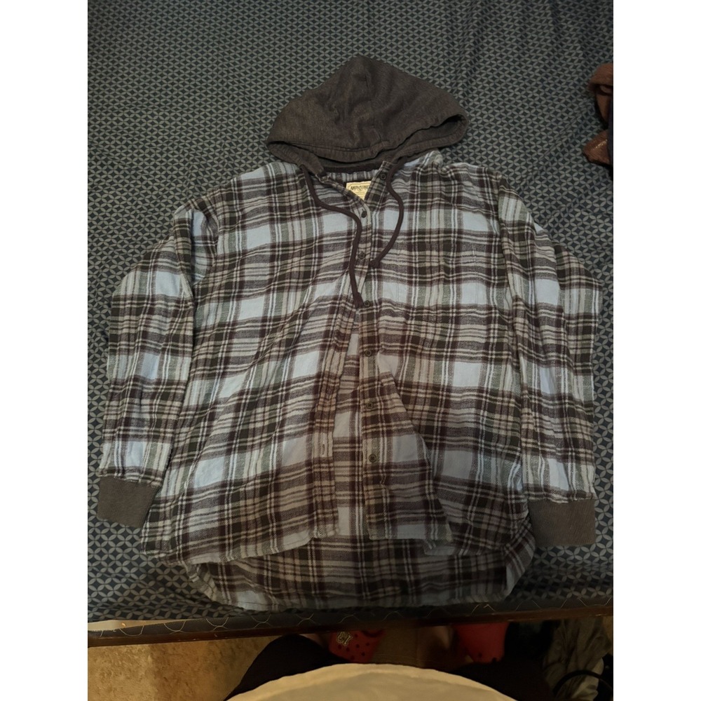 American Eagle Hooded Flannel Shirt L Blue Plaid Shacket Hoodie